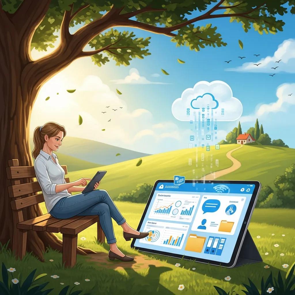 Business owner accessing cloud services remotely in a serene outdoor setting
