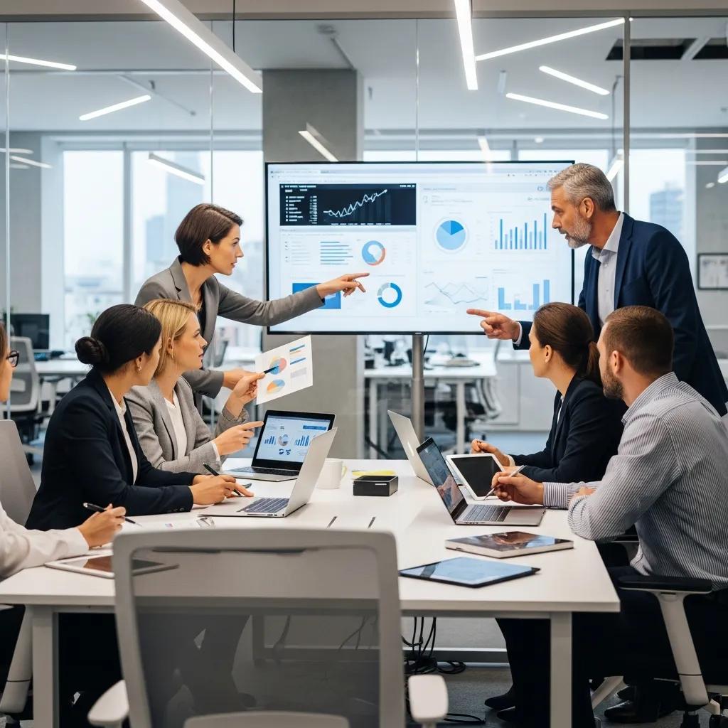 Business professionals collaborating on IT solutions in a modern office