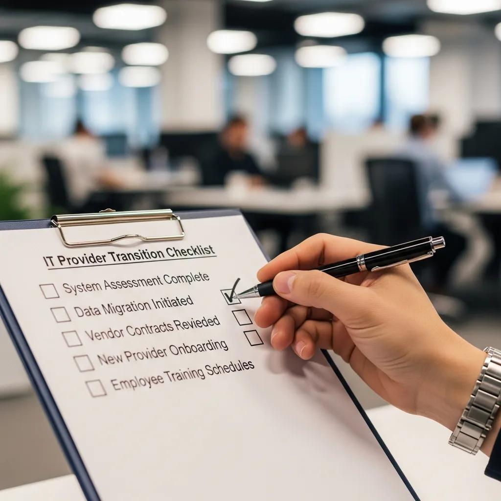 Close-up of a checklist for IT provider transition tasks in a business office setting