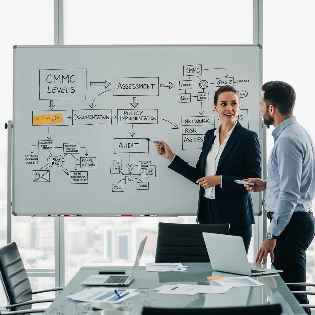 Consultant assisting small business owner with CMMC certification steps in an office