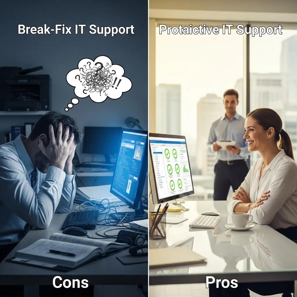 Contrasting scenarios of Break-Fix IT Support, showing frustration and satisfaction in IT management