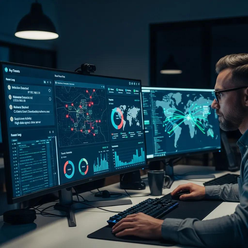 Cybersecurity expert monitoring threats on a computer screen