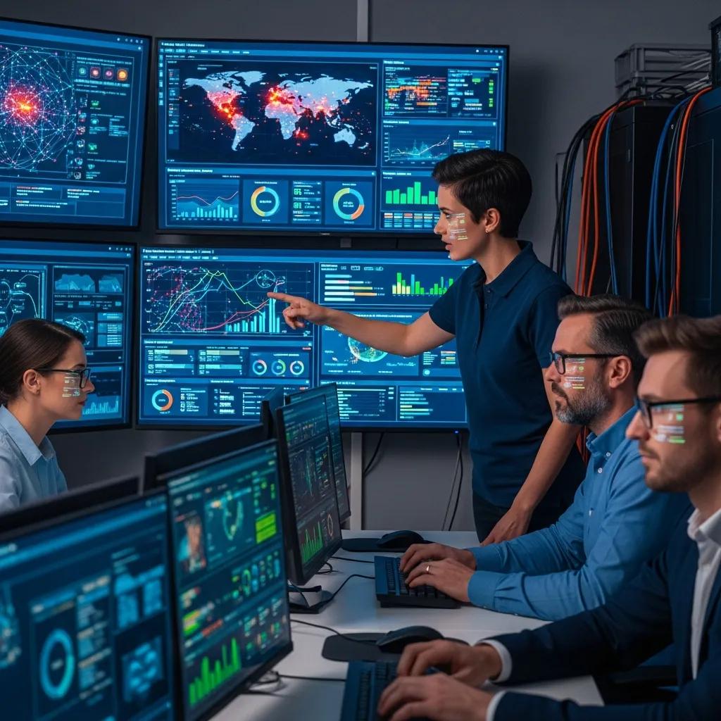 Cybersecurity team monitoring threats in a control room