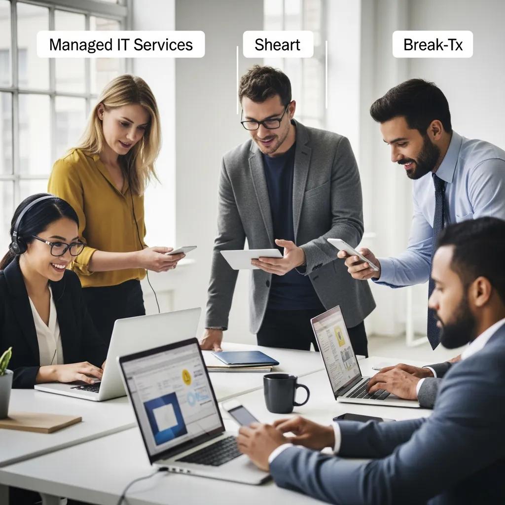 IT professionals collaborating in a modern office, showcasing Managed IT Services and Break-Fix support