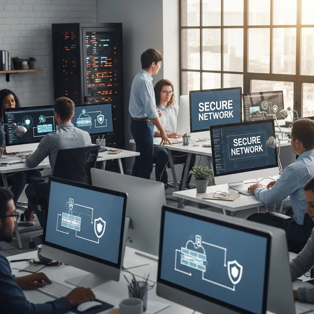 Small business office with employees engaged in cybersecurity practices