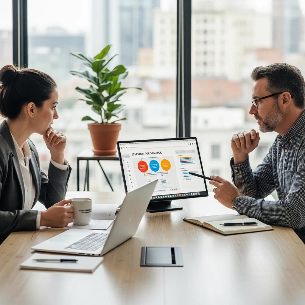 Small business owner consulting with IT vendor management expert in a modern office