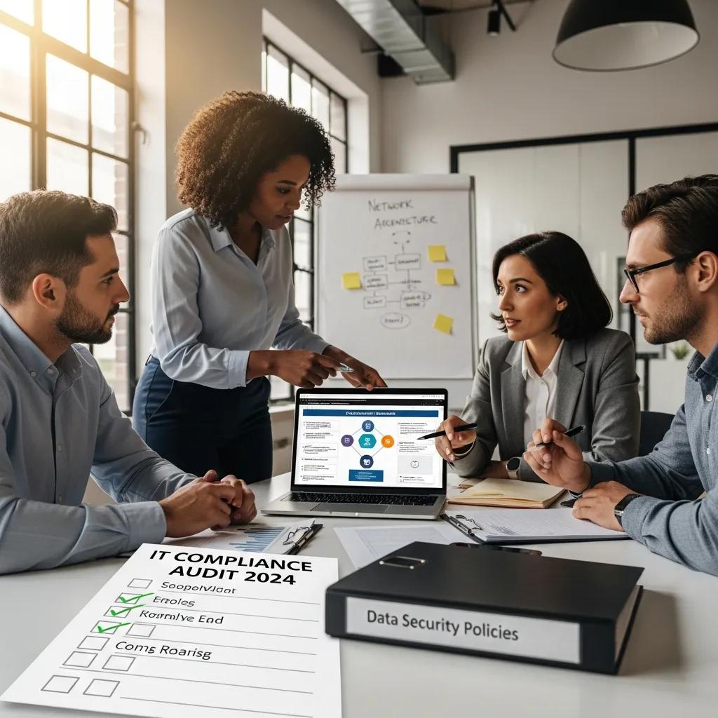 Small business team collaborating on IT compliance strategies in a modern office