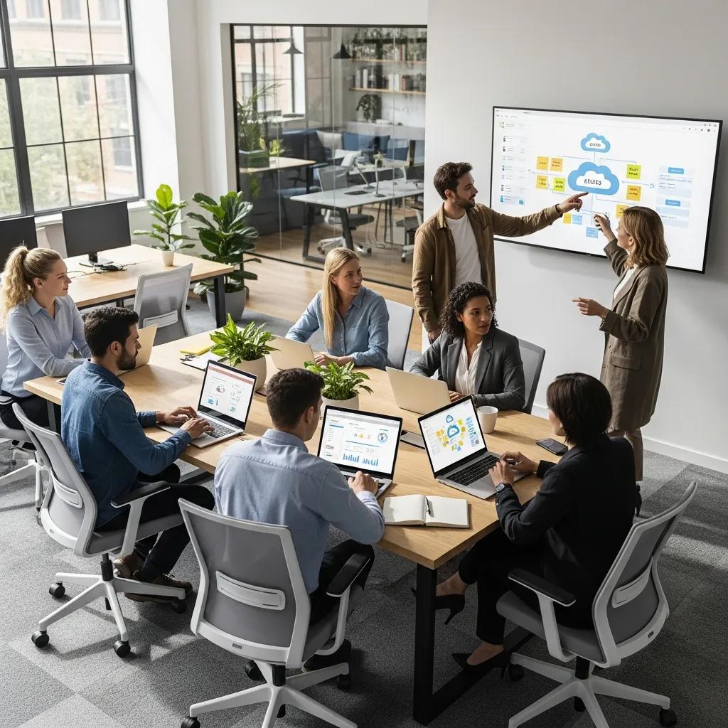 Small business team collaborating on IT solutions in a modern office