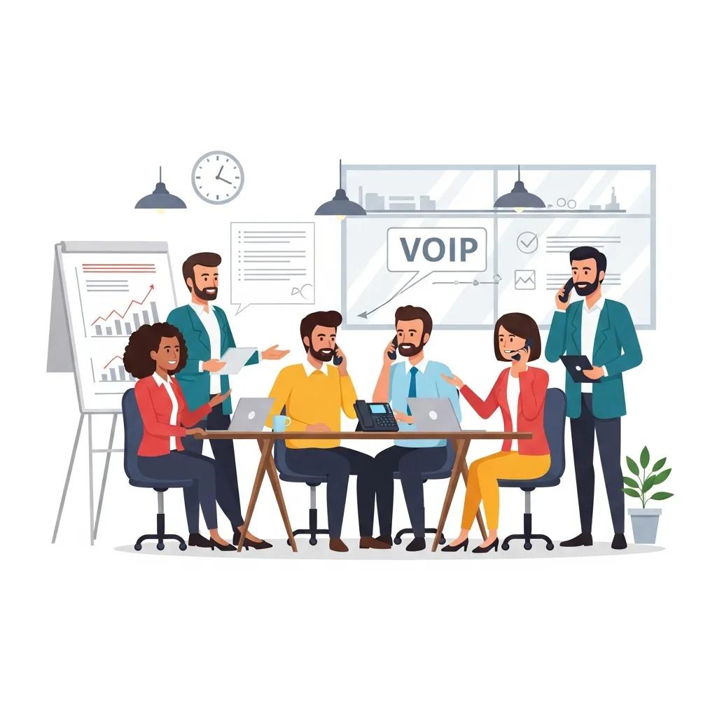 Small business team collaborating using VoIP technology, emphasizing teamwork and communication benefits