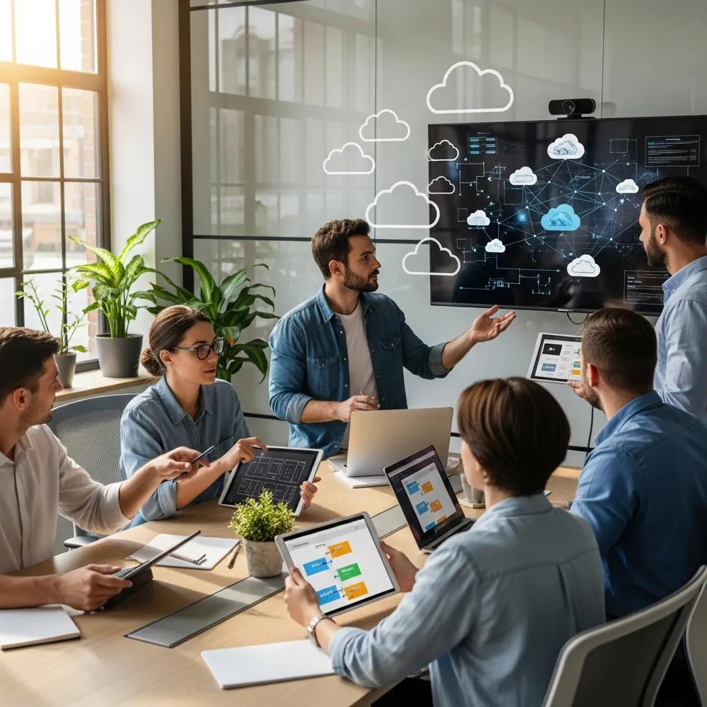 Small business team collaborating with cloud computing elements