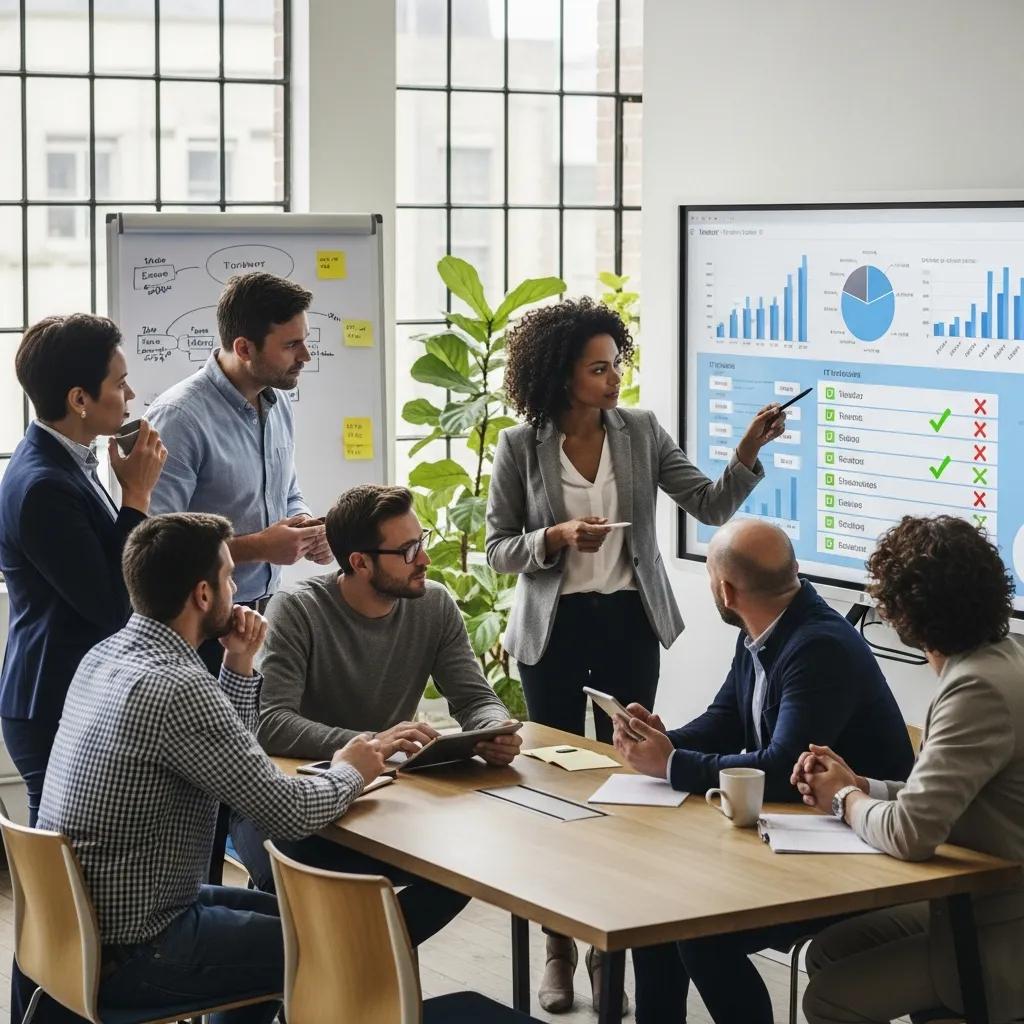 Team evaluating IT vendors using digital tools in a collaborative workspace