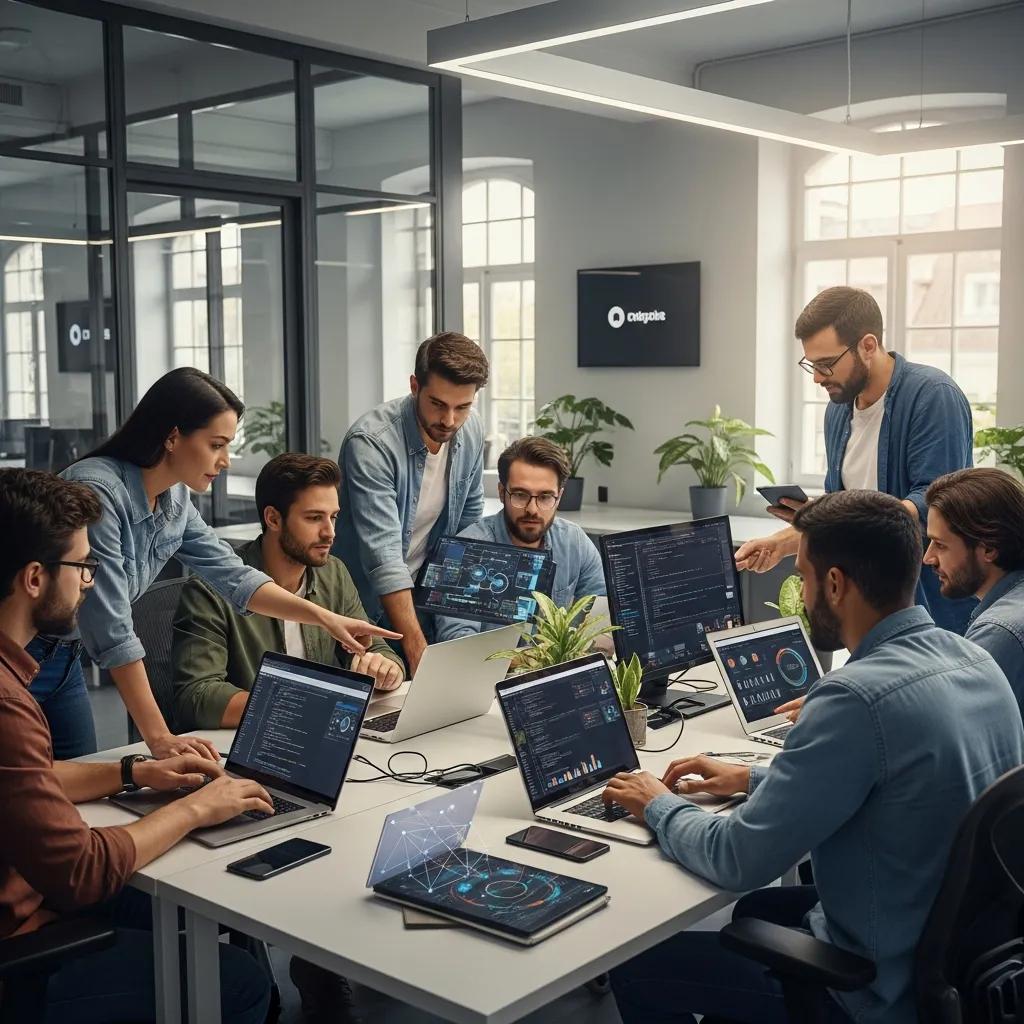 Team of IT professionals collaborating in a modern office setting, emphasizing teamwork and technology