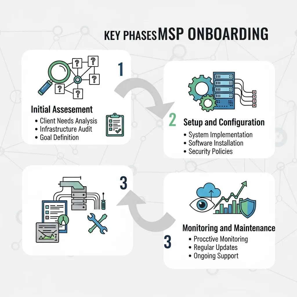 Visual representation of the three key phases of MSP onboarding: Initial Assessment, Setup and Configuration, Monitoring and Maintenance