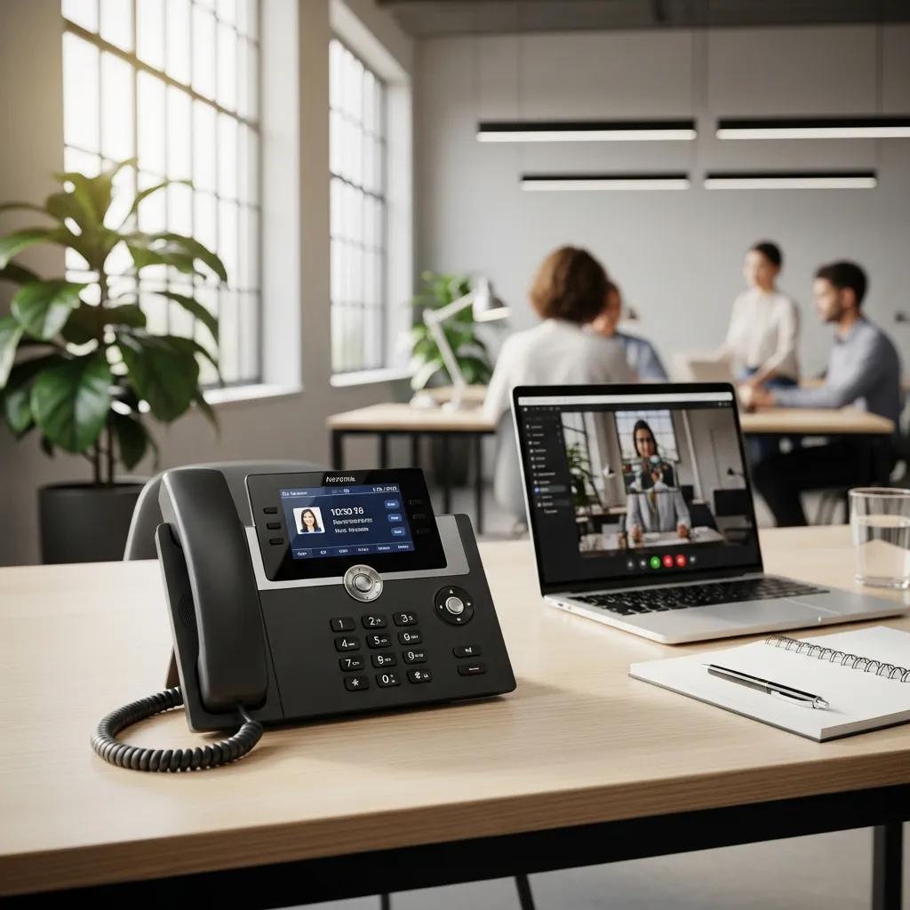 VoIP phone system in a modern office setting, highlighting communication technology for small businesses